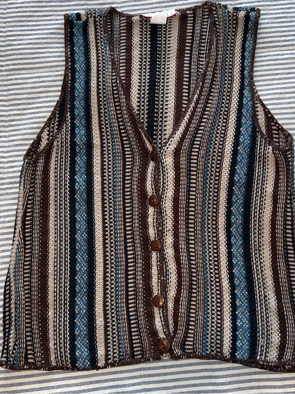 90s Boho Striped Knit Button-Front Vest Eclectic Grandpa Earthy